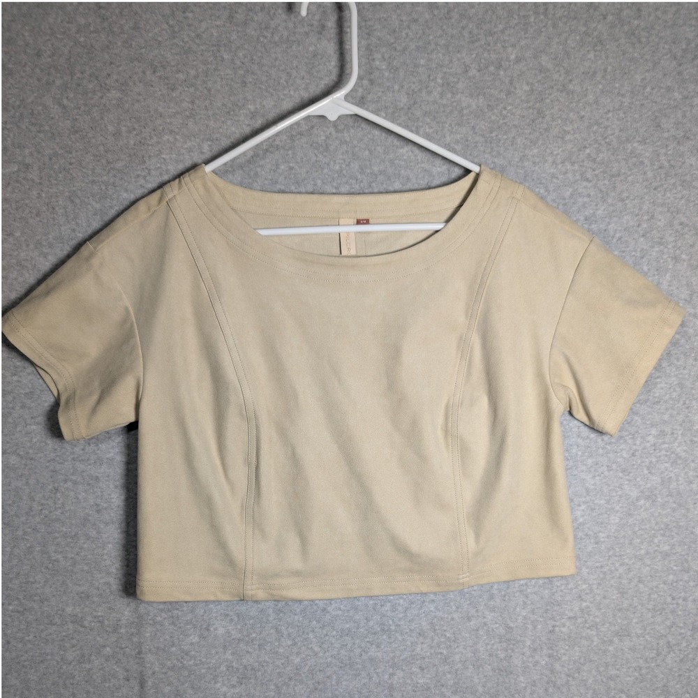 Anthropologie Pilcro Pearl Faux Suede Short Sleeve Crop Top Beige S/M Minimalist